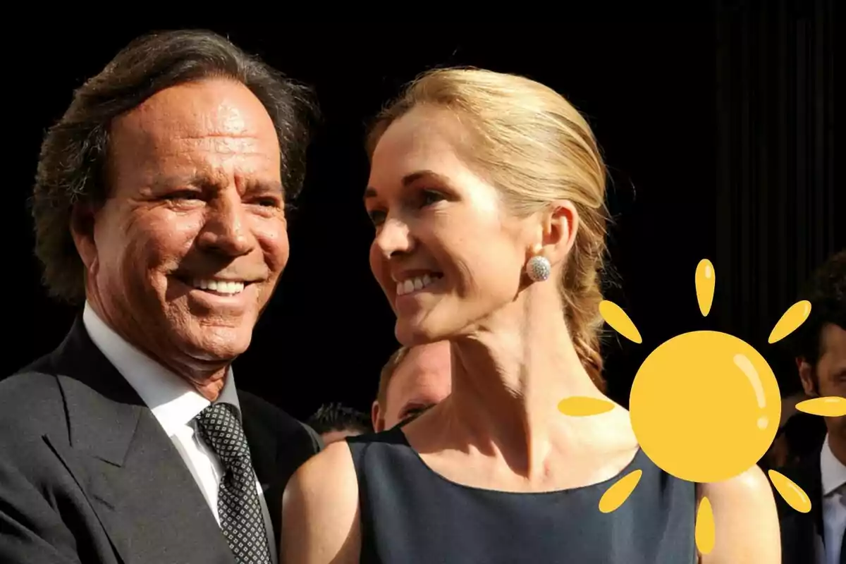 Julio Iglesias i Miranda Rijnsburger somrients, Julio amb vestit i corbata i Miranda amb un vestit fosc, amb un sol groc dibuixat a la cantonada inferior dreta.