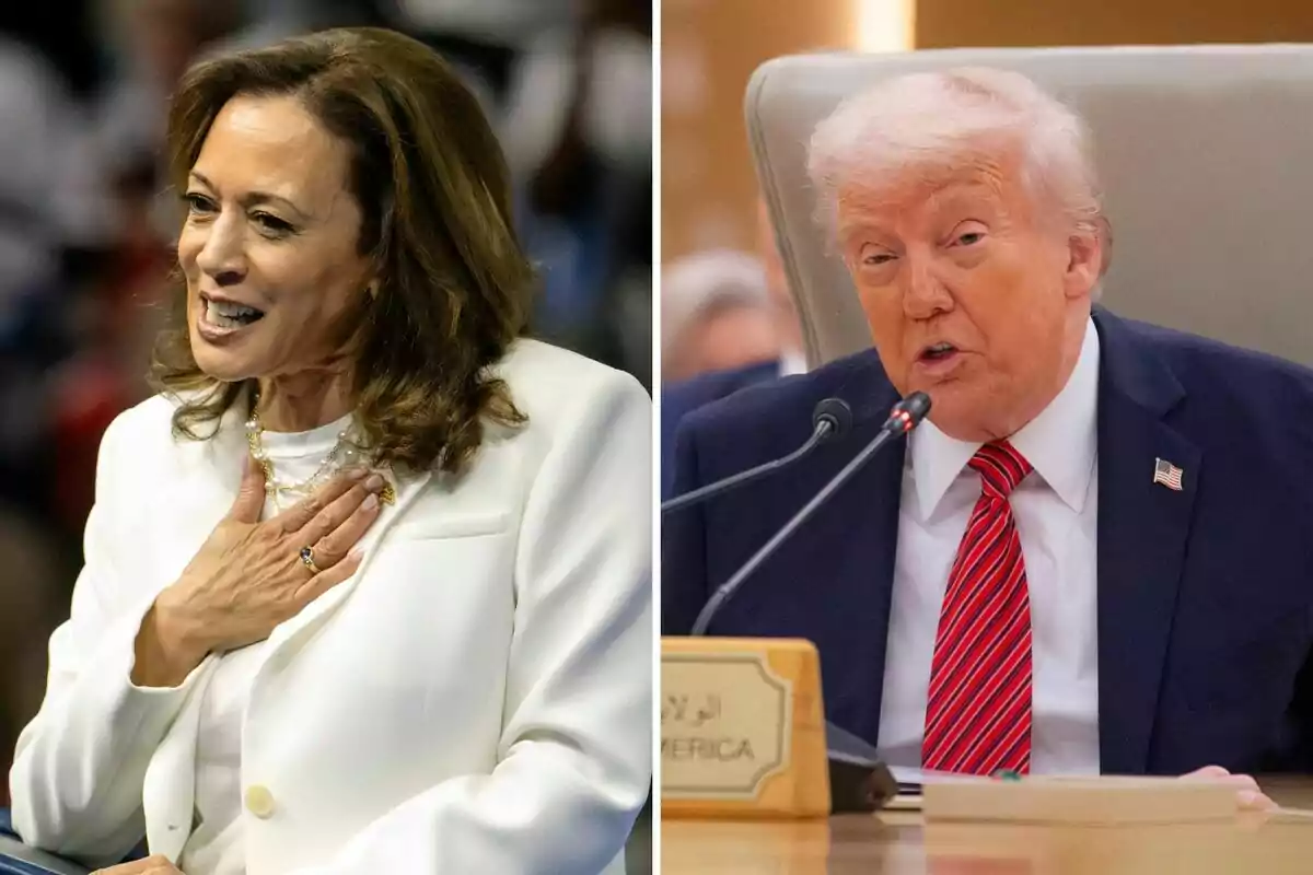 Kamala Harris i Donald Trump en un muntatge fotogràfic, una a l'esquerra amb un vestit blanc i l'altre a la dreta amb un vestit fosc i corbata vermella, ambdues en situacions de discurs o conversa. Kamala Harris i Donald Trump en un muntatge fotogràfic, una a l'esquerra amb un vestit blanc i l'altre a la dreta amb un vestit fosc i corbata vermella, ambdues en situacions de discurs o conversa.