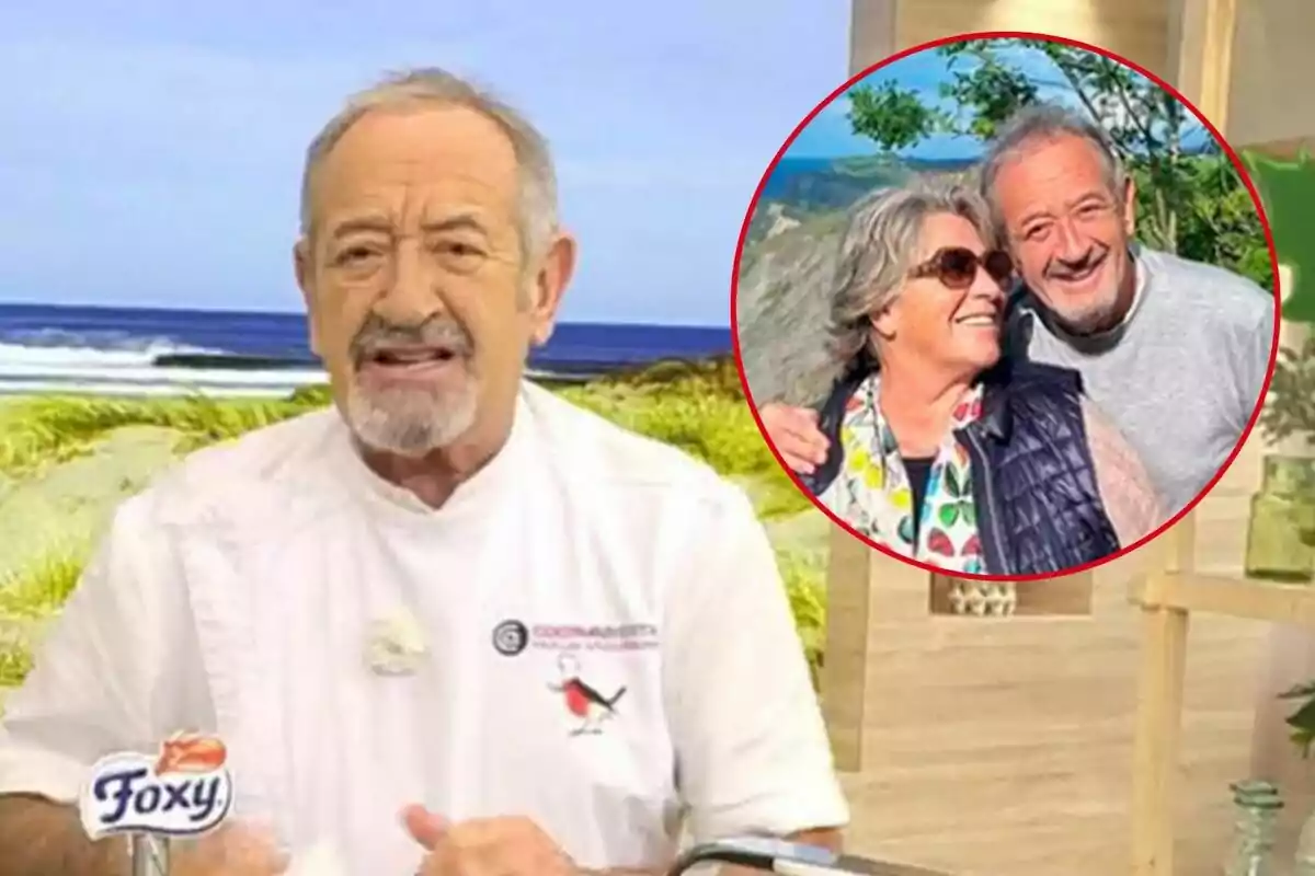 Karlos Arguiñano amb barba i cabell canós està en un programa de cuina, vestint un uniforme blanc, amb una imatge circular a la cantonada superior dreta que mostra a ell ia Luisi Ameztoy somrient a l'aire lliure.