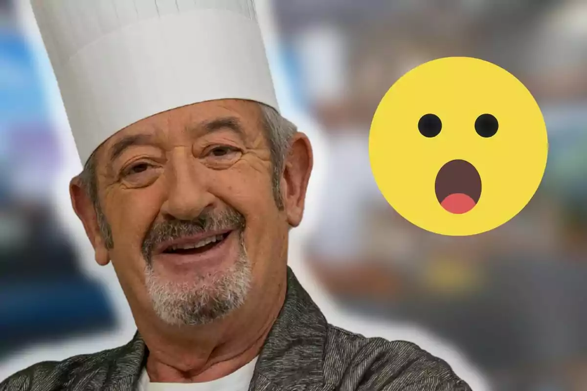 Karlos Arguiñano amb gorra de xef somriu mentre un emoji sorprès apareix al seu costat.