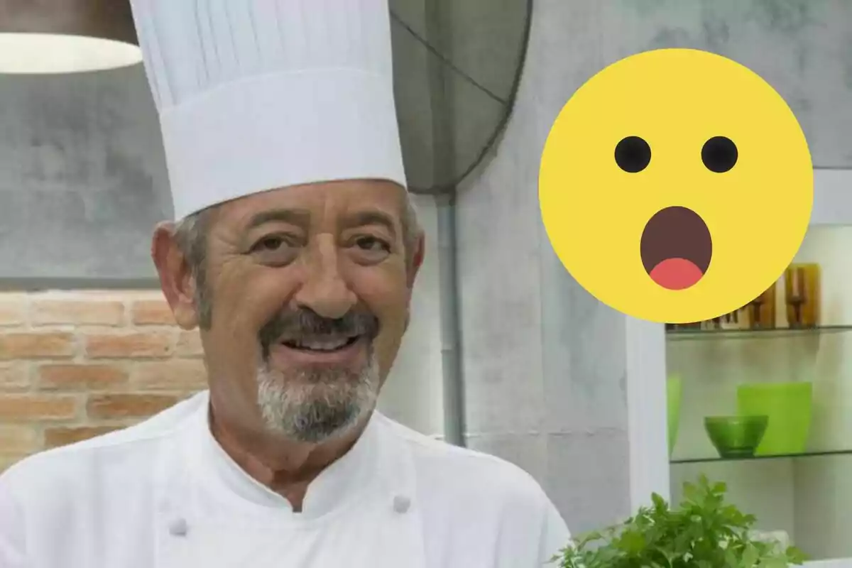 Karlos Arguiñano somrient amb una gorra de cuina blanca i un emoji sorprès al costat.