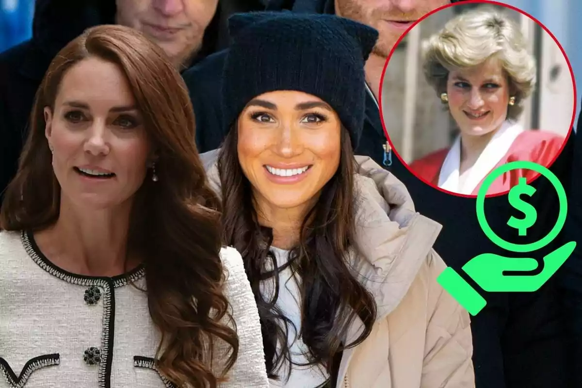 Kate Middleton i Meghan Markle somrients amb cabell llarg i fosc, una porta un barret negre, al costat d'un cercle vermell que conté la imatge de Lady Di rossa somrient, amb una icona verda d'una mà sostenint un símbol de dòlar.