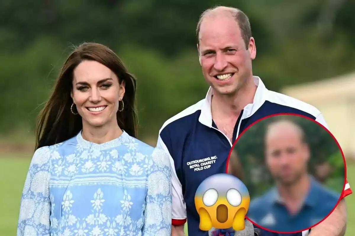 Kate Middleton i el príncep Guillem somrient amb un emoji de sorpresa a la cantonada inferior dreta.