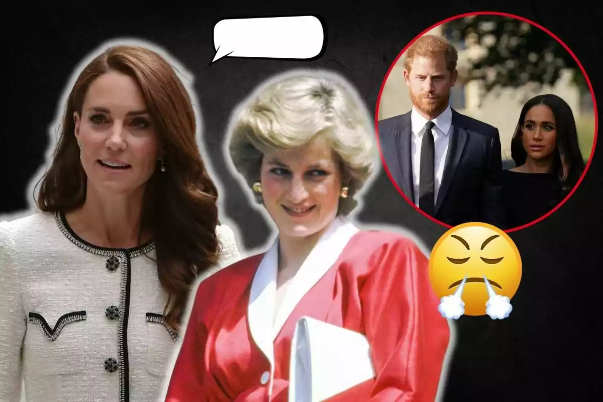Kate Middleton and Lady Di are in the foreground, there's a circle with Prince Harry and Meghan Markle in the background and an angry emoji.