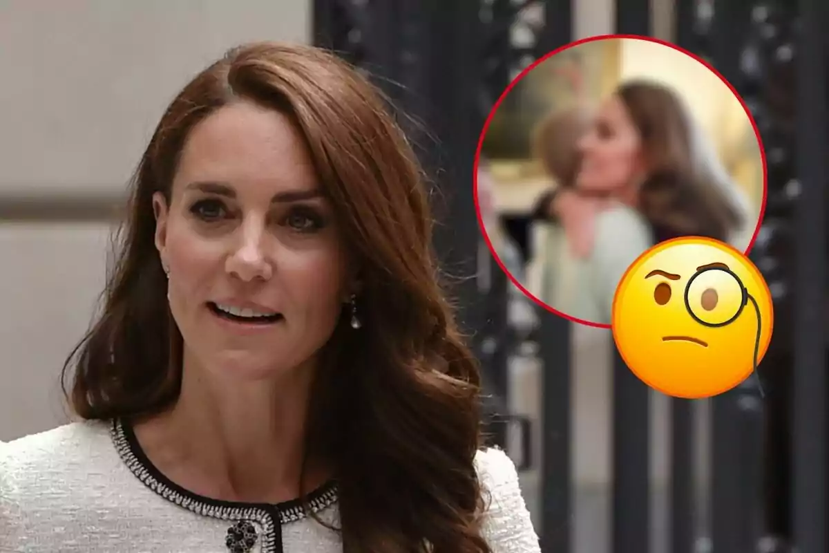 Kate Middleton amb cabell castany i expressió neutral, amb un requadre a la cantonada superior dreta que mostra una imatge borrosa d'una abraçada i un emoji de cara pensativa amb monocle.