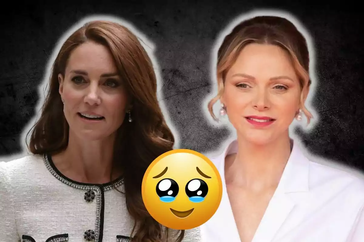 Kate Middleton i Charlene amb fons fosc i un emoji de carona amb ulls brillants al centre