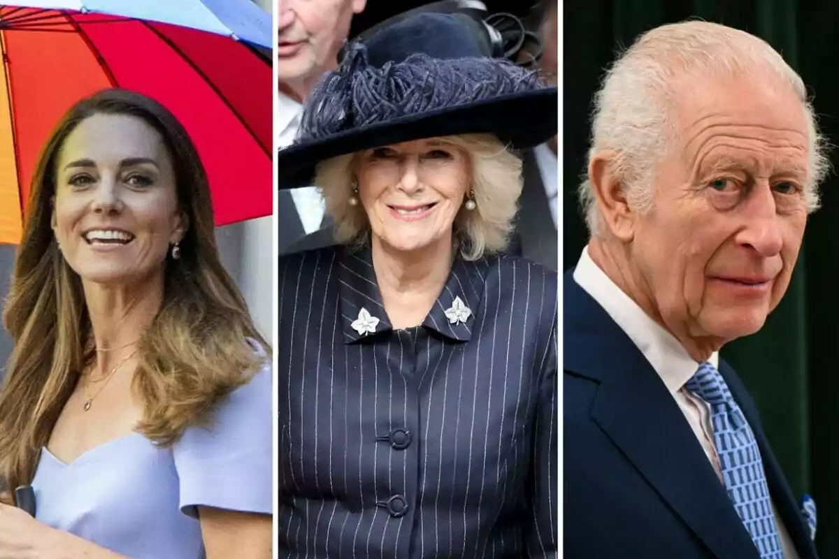 Kate Middleton, Queen Camilla, and Charles III posing in different situations, one with a colorful umbrella, another with an elegant hat, and the third in formal attire. Kate Middleton, Queen Camilla, and Charles III posing in different situations, one with a colorful umbrella, another with an elegant hat, and the third in formal attire.