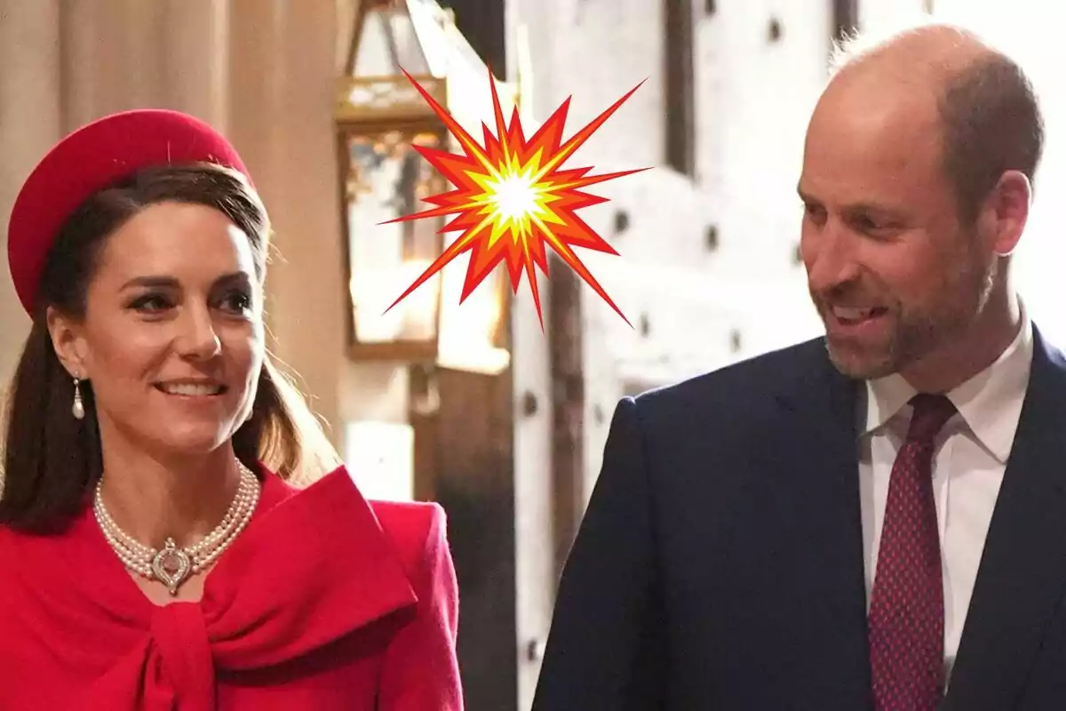 Kate Middleton amb un vestit vermell i el príncep Guillem amb un vestit fosc somriuen mentre caminen junts en un ambient elegant, amb un gràfic d'explosió superposat entre ells.