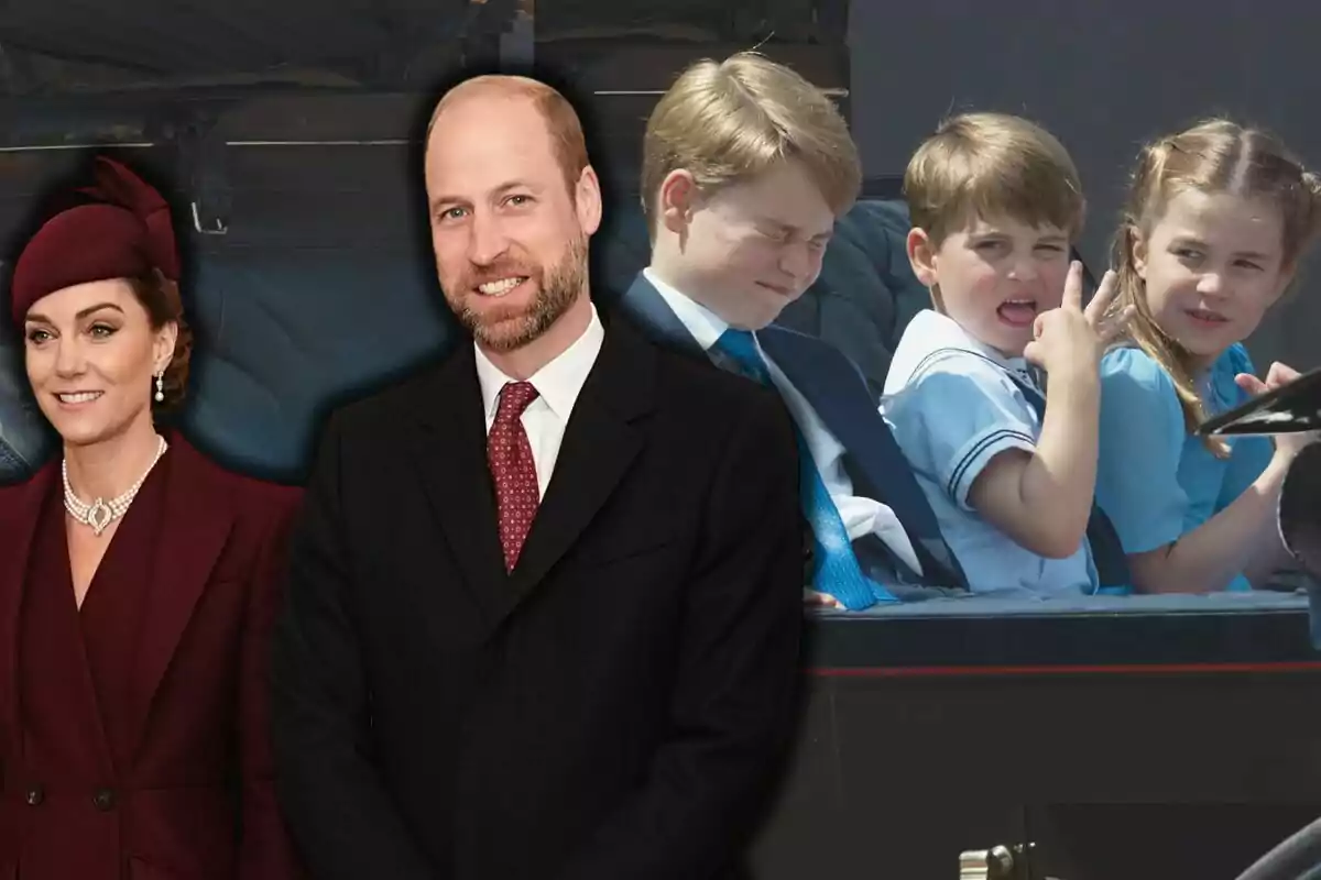 Kate Middleton i el príncep Guillem vestits formalment posen davant d'una imatge de George, Louis i Charlotte en un carruatge, on un d'ells fa un gest divertit.