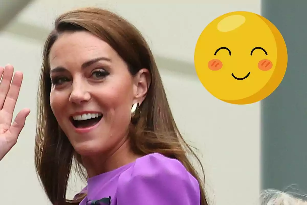 Kate Middleton smiling and waving with a smiling emoji next to her.
