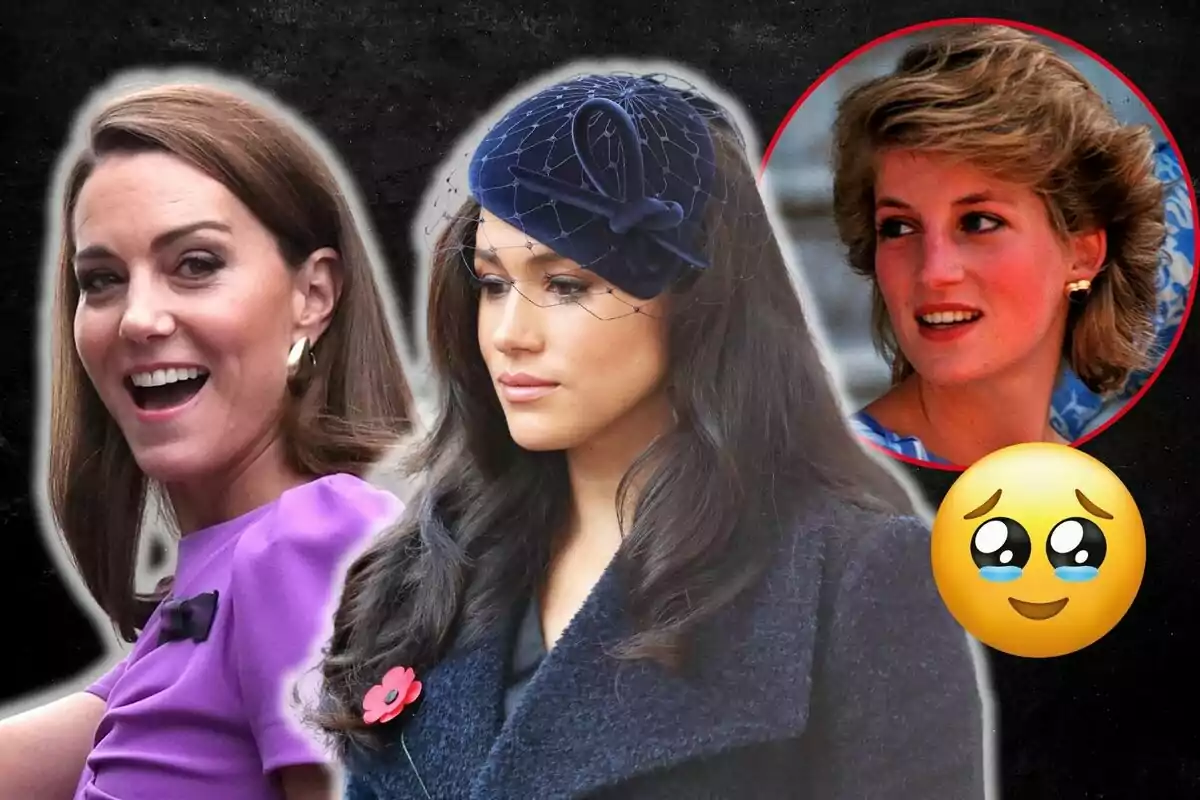 Kate Middleton, Meghan Markle i Lady Di en primer pla amb un fons fosc, una d'elles porta un barret blau amb vel, hi ha un cercle vermell amb una altra dona al fons i un emoji de cara emocionada.