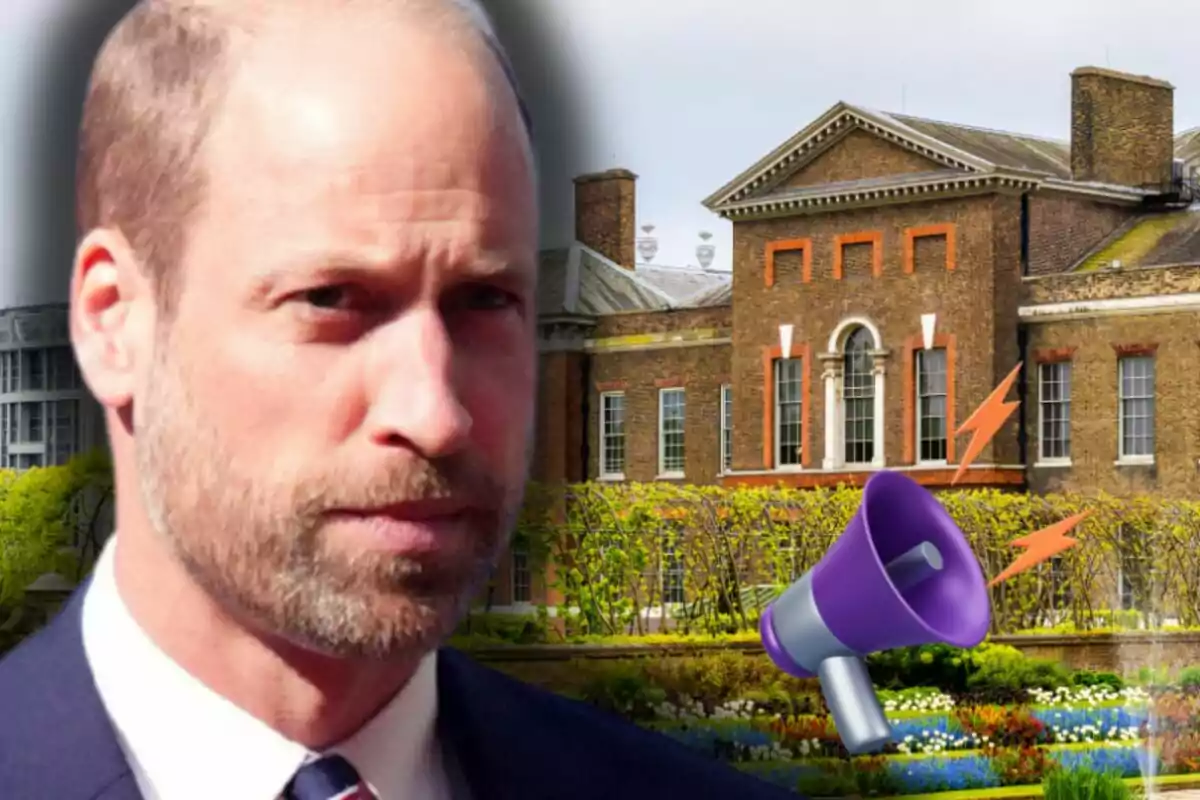 El príncipe Guillermo de traje con expresión seria frente a un edificio antiguo de ladrillo con un megáfono morado y rayos naranjas en primer plano
