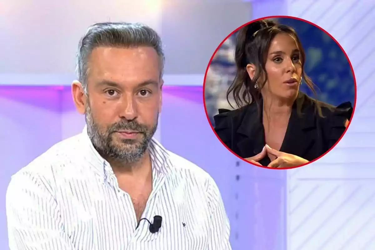 Kike Calleja amb camisa blanca a ratlles apareix en un estudi de televisió amb una imatge circular d'Anabel Pantoja parlant al fons.