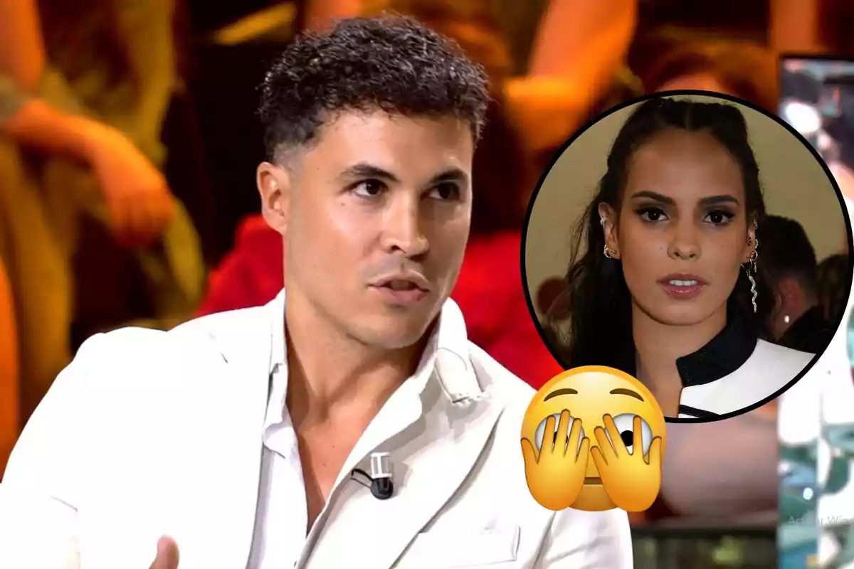 Muntatge amb Kiko Jiménez, amb jaqueta blanca parla a un programa de televisió, mentre apareix un cercle amb la imatge de Gloria Camila amb cara seriosa i un emoji de mans cobrint la cara.