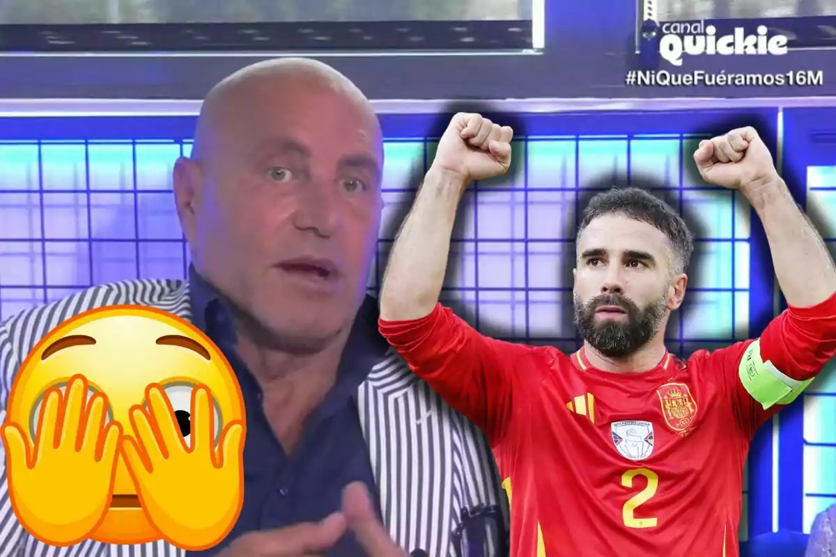 Kiko Matamoros amb una jaqueta de ratlles i una camisa blava apareix a 'Ni que fuéramos' amb un emoji de cara sorpresa cobrint parcialment el seu rostre, mentre que al seu costat hi ha Dani Carvajal amb l'uniforme de la selecció espanyola aixecant els braços en senyal de victòria.