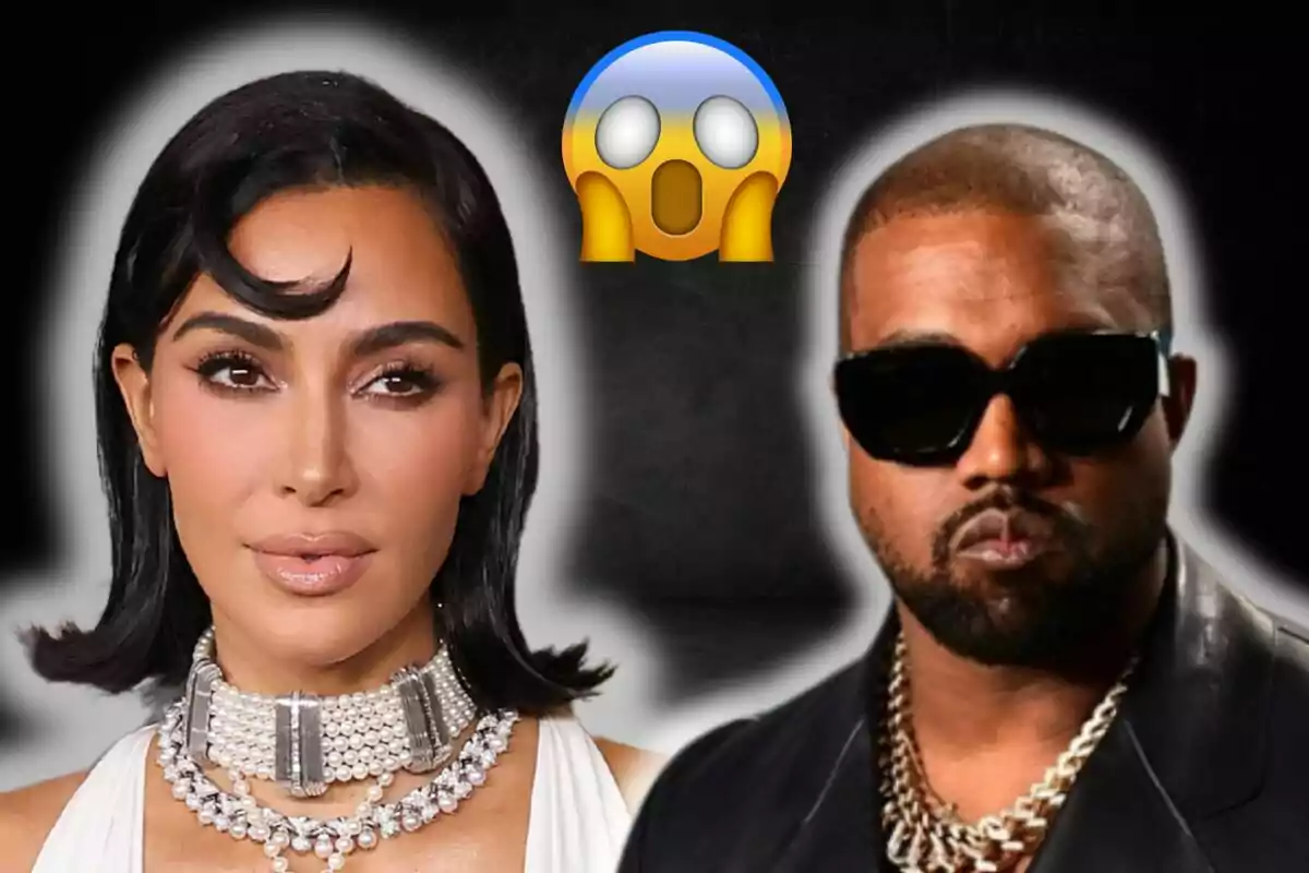 Kim Kardashian i Kanye West amb expressions serioses i un emoji sorprès al centre.