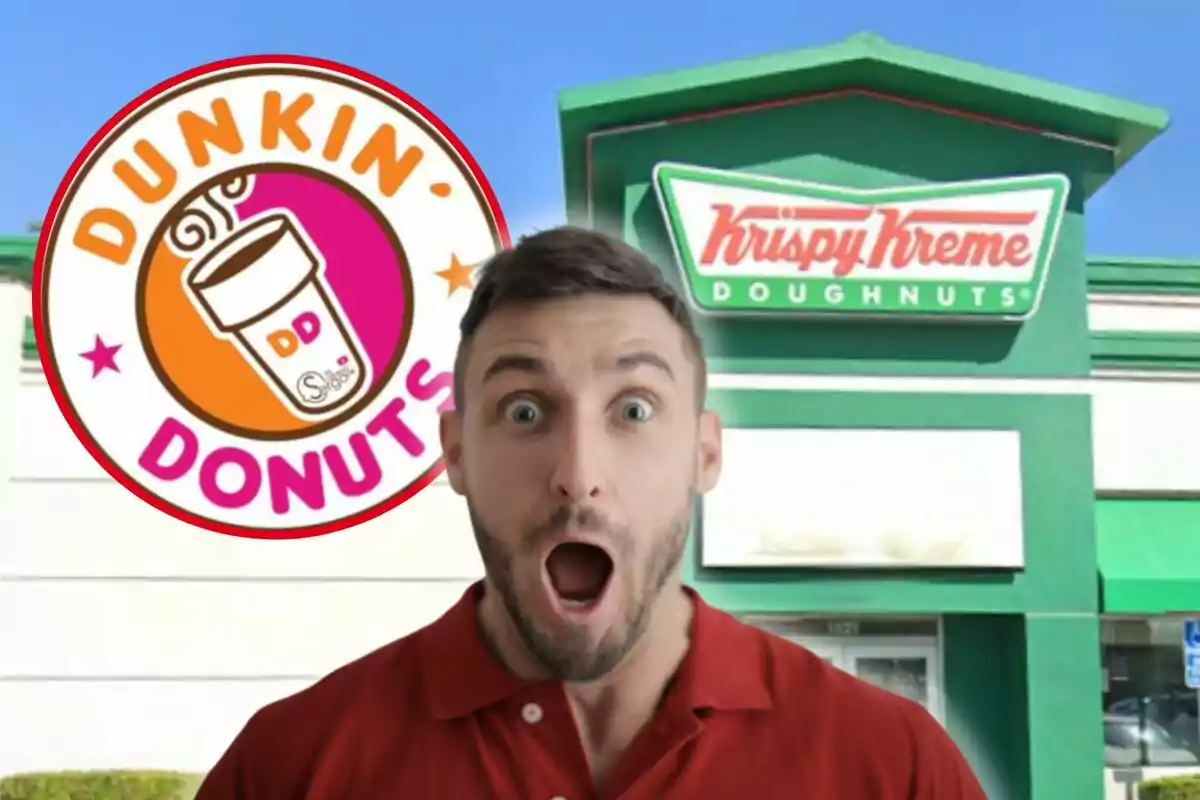 A man surprised in front of the logos of two donut shops.