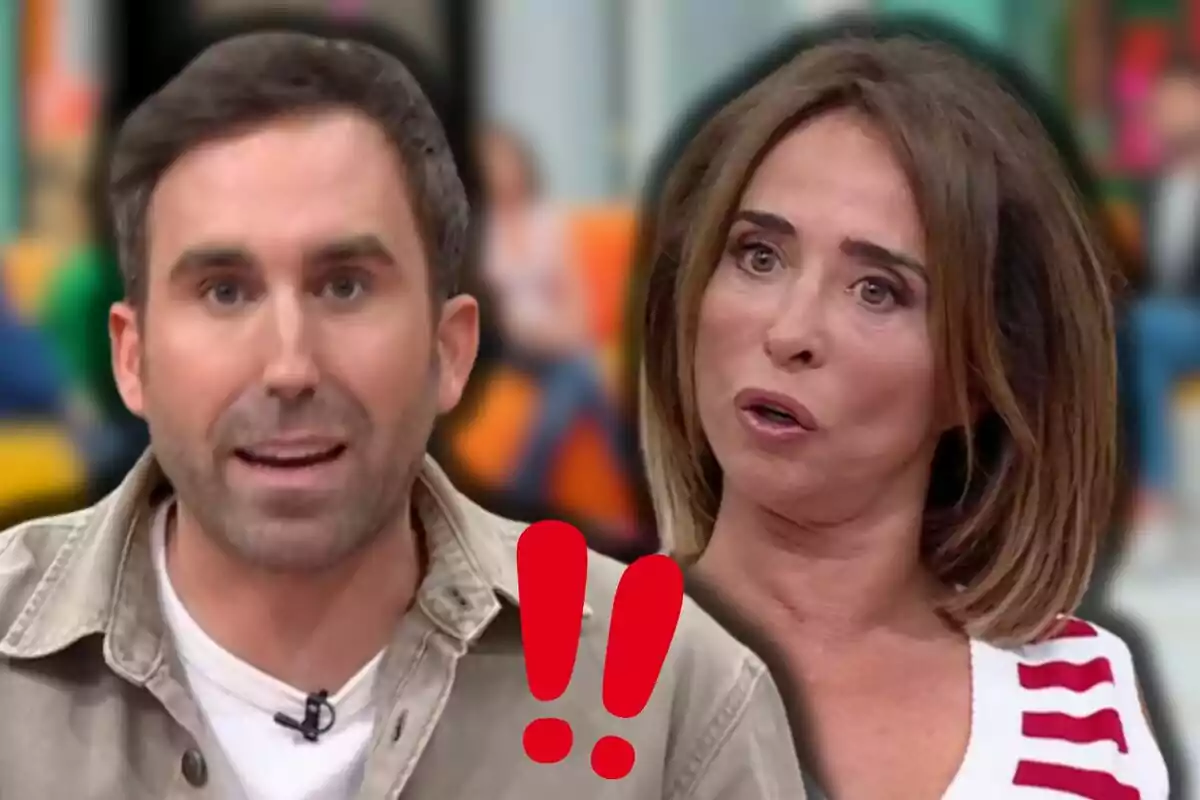 Aitor Albizua i María Patiño en un programa de televisió amb un símbol d'exclamació vermell en primer pla.