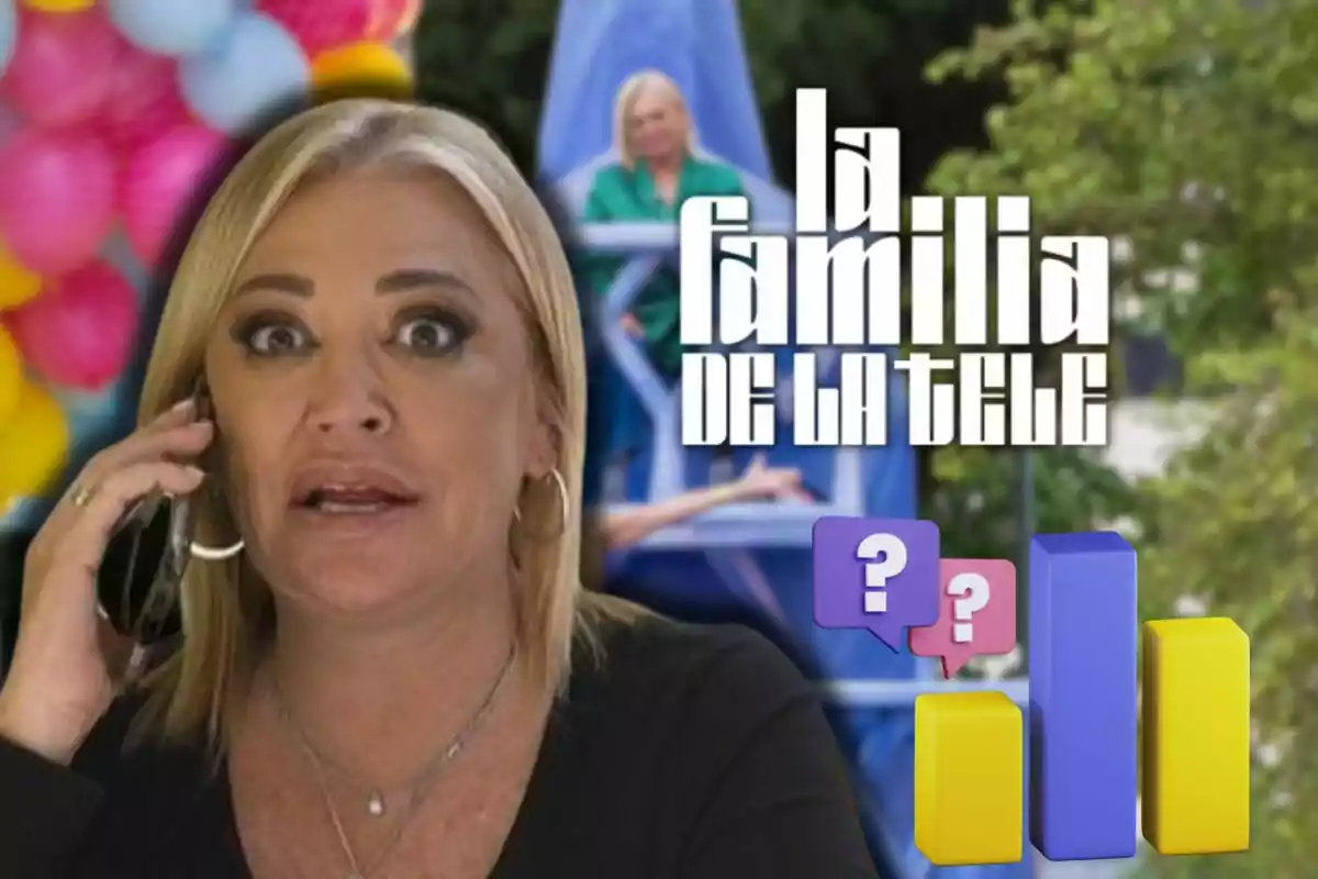 Belén Esteban parlant per telèfon amb expressió sorpresa, fons de globus de colors i gràfics de barres, text "La família de la tele".