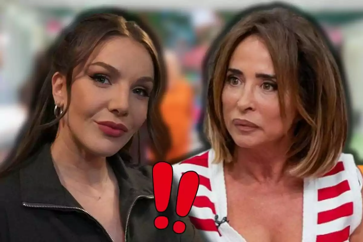 Inés Hernand i María Patiño miren cap a la càmera amb un fons desenfocat i un signe d'exclamació vermell al centre.