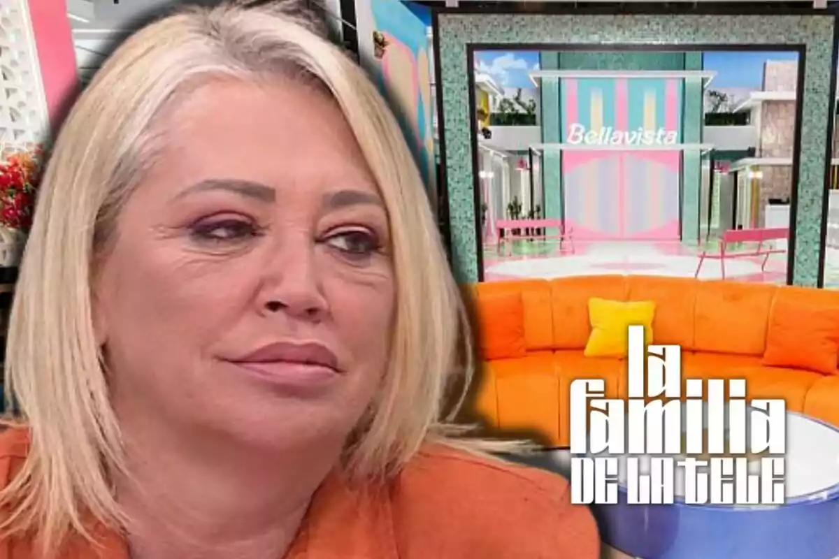 Belén Esteban with a serious expression in the foreground, a colorful set background with an orange sofa, and the text "la familia de la tele"