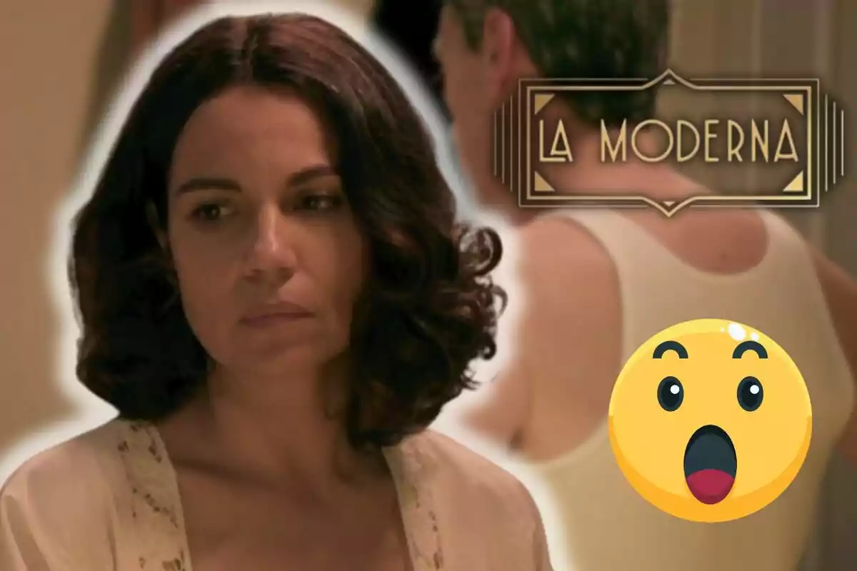 Diana Palazón amb expressió seriosa està en primer pla, mentre que un home d'esquena apareix al fons al costat del logotip de "La Moderna" i un emoji sorprès.