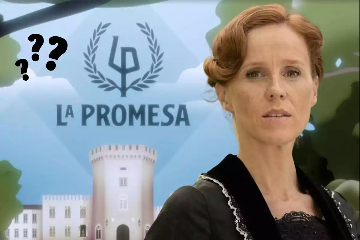 María Castro amb cabell pèl-roig i expressió seriosa està davant d'un fons que mostra un edifici amb una torre i el text “La Promesa”.