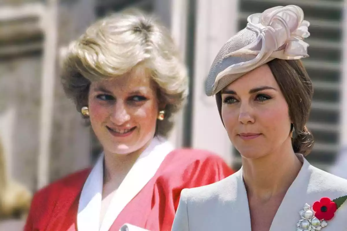 Montage of Lady Di smiling with gold earrings and Kate Middleton with a beige headdress and a flower on her jacket Montage of Lady Di smiling with gold earrings and Kate Middleton with a beige headdress and a flower on her jacket