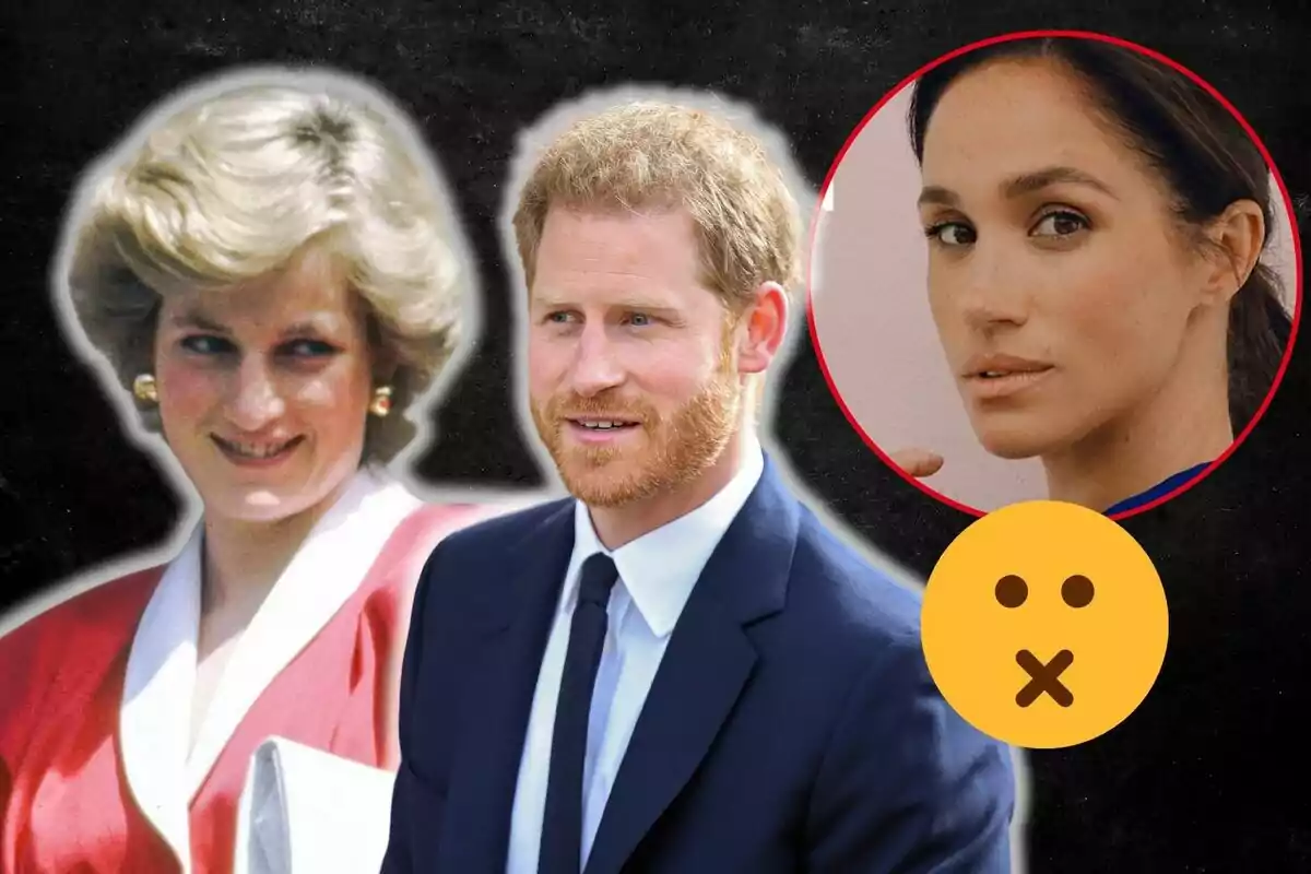 Lady Di, el príncep Harry i Meghan Markle en un muntatge fotogràfic amb un fons fosc, una d'elles està dins d'un cercle vermell i hi ha un emoji de cara amb la boca tancada.