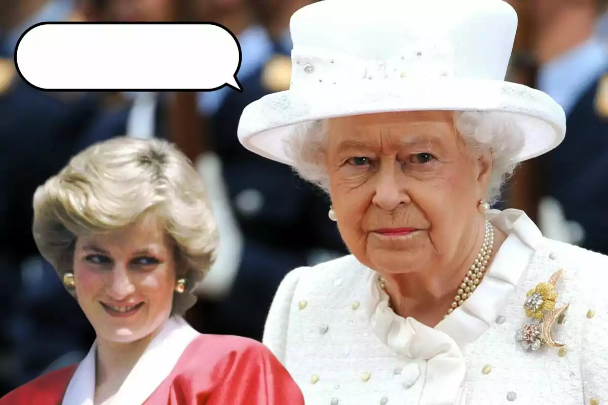 Lady Di i Isabel II vestides elegantment, una amb un barret blanc i l'altra amb un vestit vermell, amb un globus de diàleg buit sobre la dona de vermell. Lady Di i Isabel II vestides elegantment, una amb un barret blanc i l'altra amb un vestit vermell, amb un globus de diàleg buit sobre la dona de vermell.