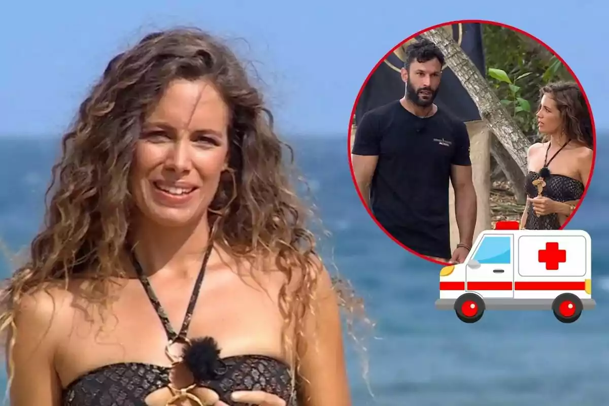 Laura Madrueño amb cabell arrissat i vestit negre és a la platja, amb una imatge inserida d'ella parlant amb Jorge Pérez i una icona d'ambulància.