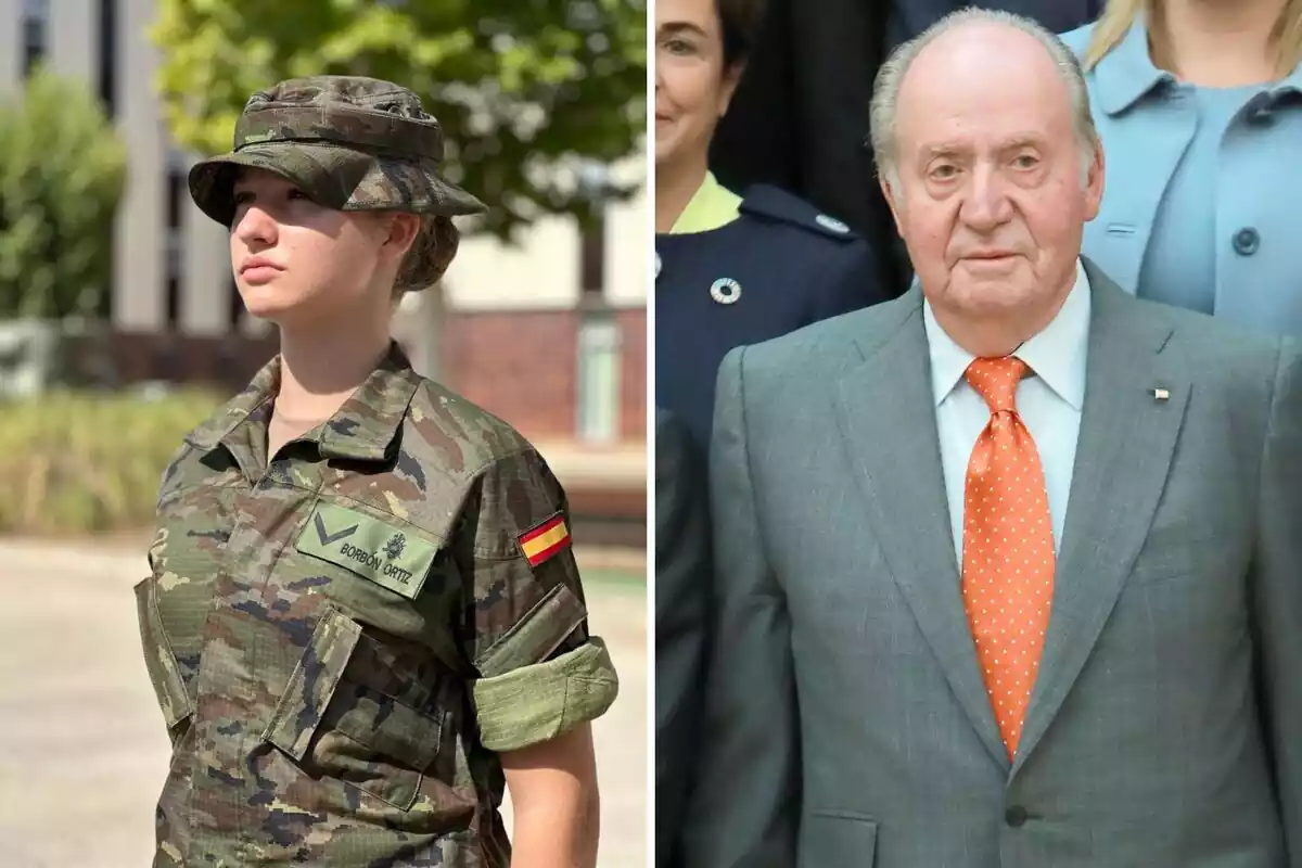 Montage of Leonor serious dressed as a military man and Juan Carlos I serious in a gray suit and orange tie Montage of Leonor serious dressed as a military man and Juan Carlos I serious in a gray suit and orange tie