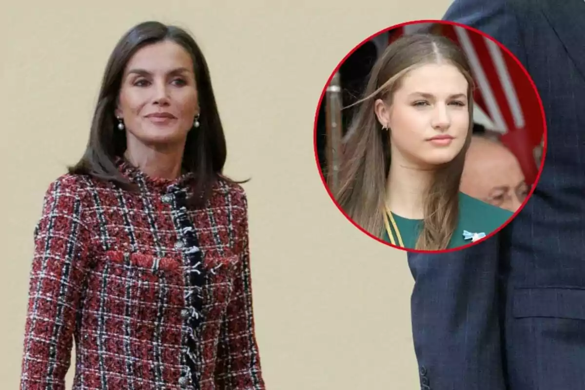 Muntatge de Letizia somrient amb una jaqueta de quadres de colors i Leonor seria amb els cabells a l'aire