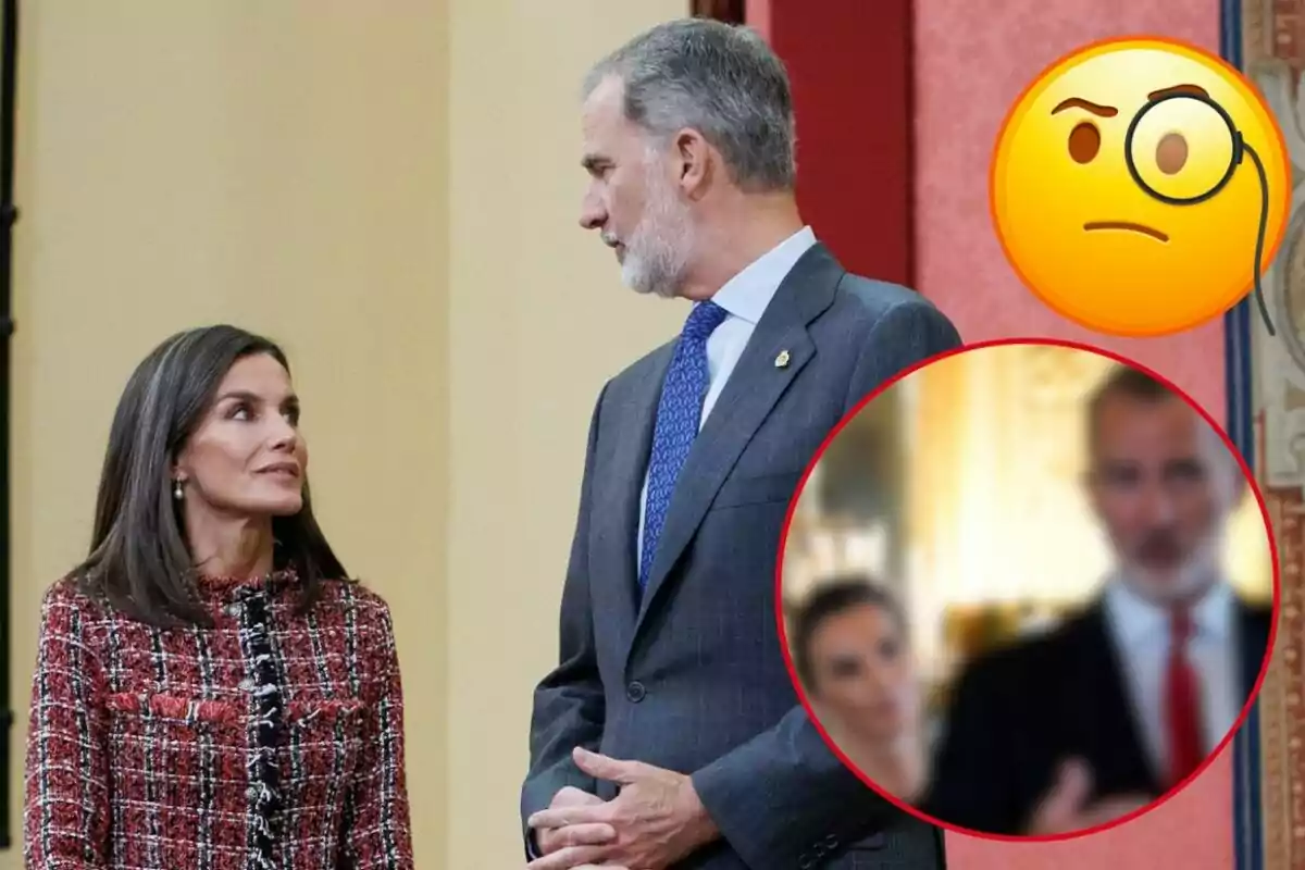 Letizia i Felip VI dret mirant-se, amb un emoji de monocle a la cantonada superior dreta i una imatge borrosa en un cercle vermell a la part inferior dreta.