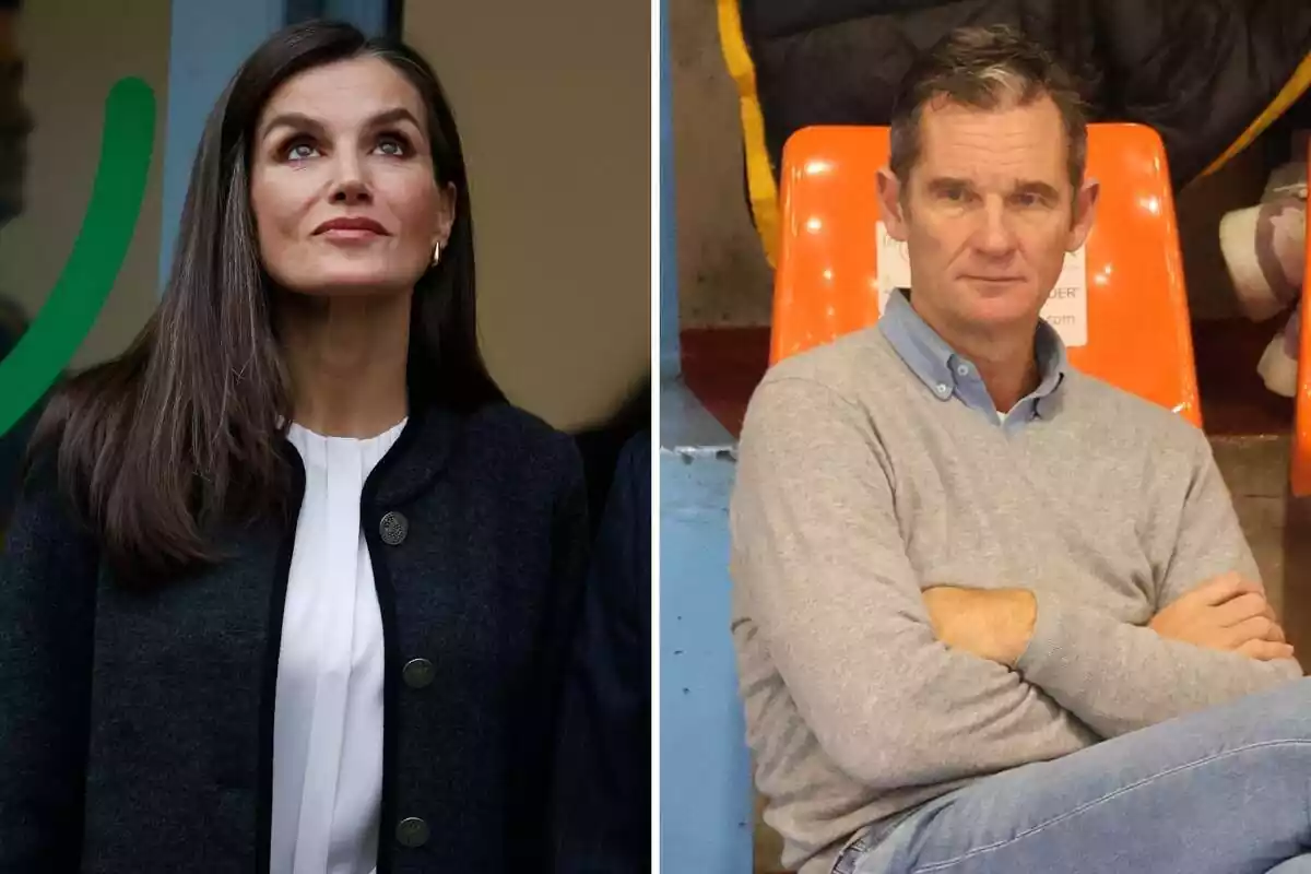 Montage of Letizia looking up in a black coat and a white blouse, and Iñaki Urdangarin sitting seriously with his arms crossed Montage of Letizia looking up in a black coat and a white blouse, and Iñaki Urdangarin sitting seriously with his arms crossed