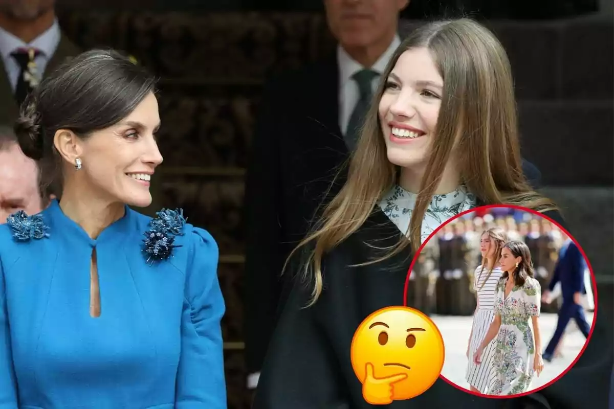 Letizia i la infanta Sofia somrients, Letizia amb un vestit blau i Sofia amb una brusa estampada, amb un emoji pensatiu i una imatge inserida caminant juntes.