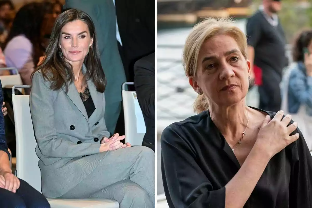 Letizia and Infanta Cristina in different settings, one seated at a formal event and the other outdoors. Letizia and Infanta Cristina in different settings, one seated at a formal event and the other outdoors.