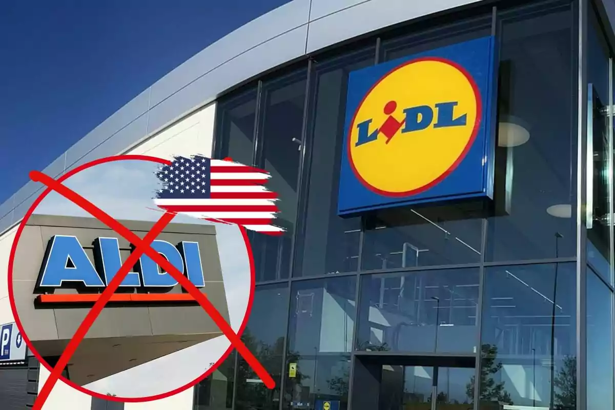 Facade of a Lidl store with a crossed-out Aldi logo and a superimposed United States flag.