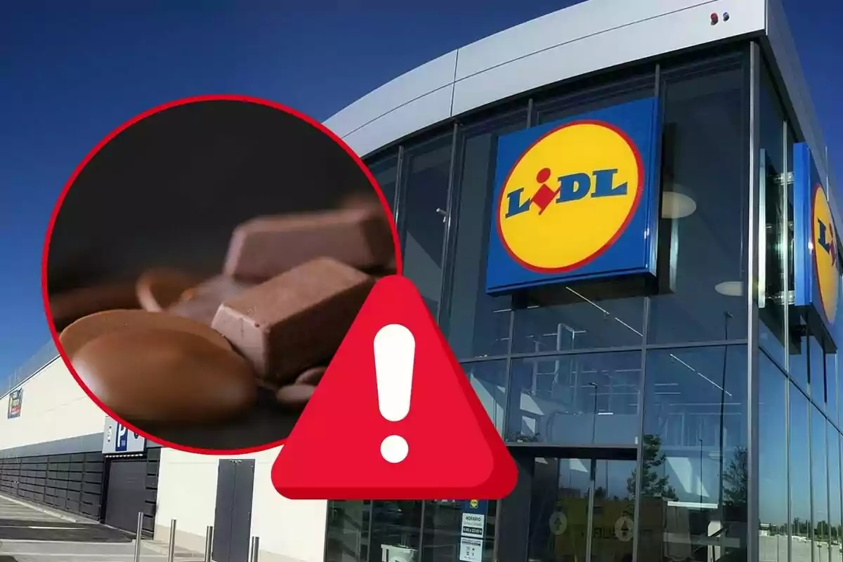 Façana d´una botiga Lidl amb un símbol d´advertència i una imatge de xocolates.