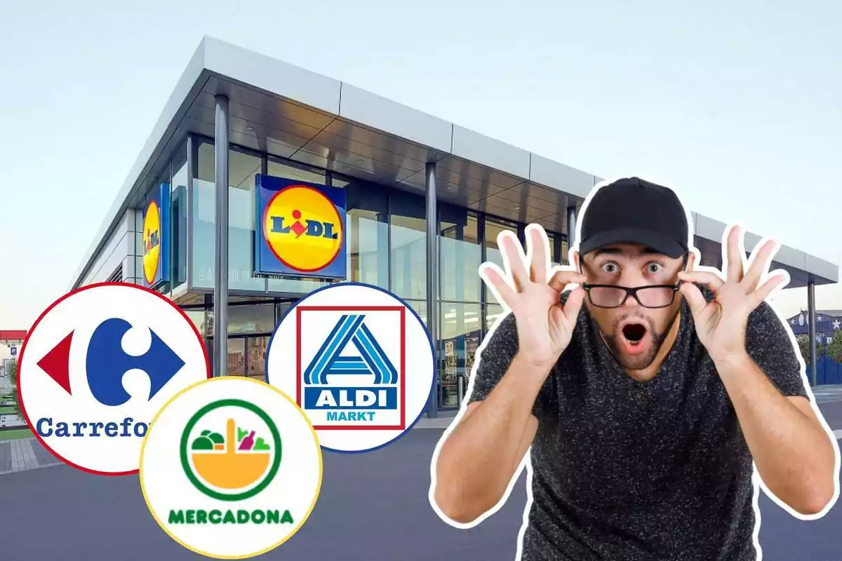 Muntatge amb el fons d´una botiga de Lidl, els logos d´Aldi, Mercadona, Carrefour i un noi sorprès