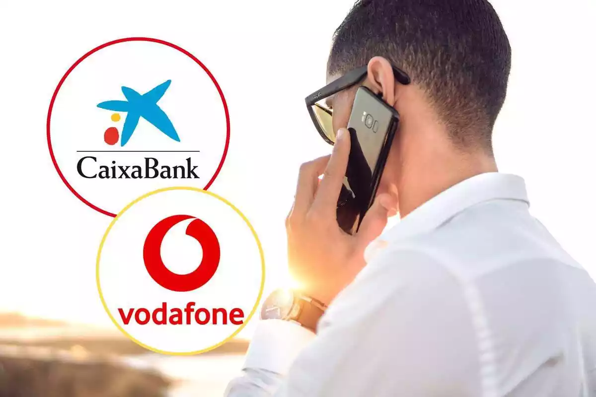Muntatge d'una persona en trucada i els logos de CaixaBank i Vodafone