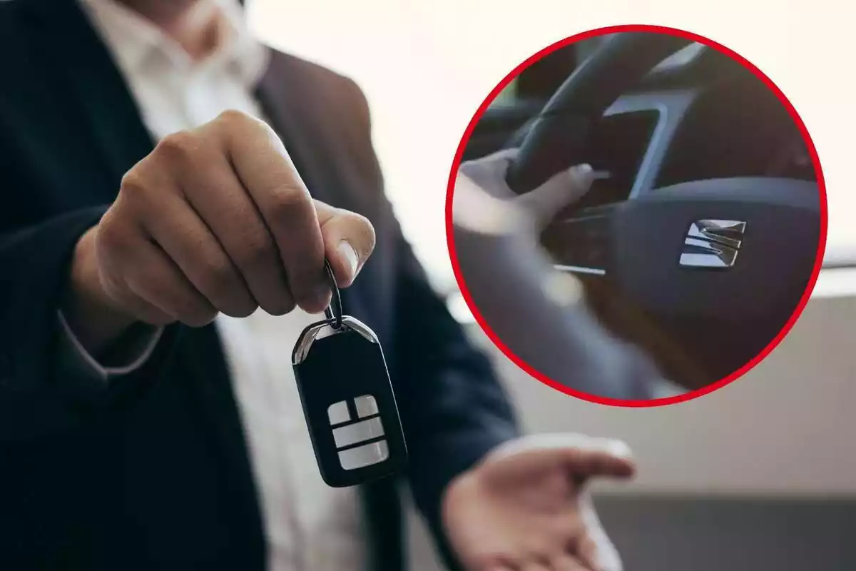 Muntatge amb una persona subjectant la clau d´un cotxe i un cercle amb el volant d´un cotxe amb el logo de SEAT