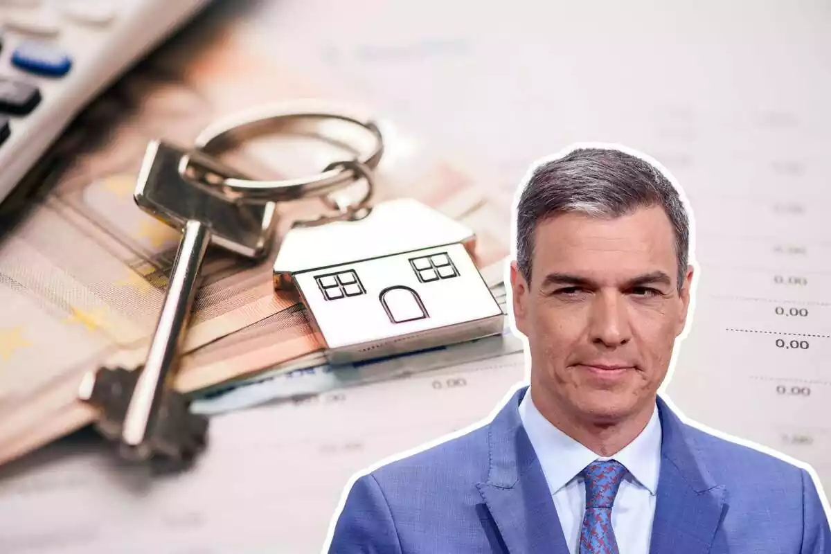 Muntatge d´unes claus de casa amb bitllets d´euro i Pedro Sánchez
