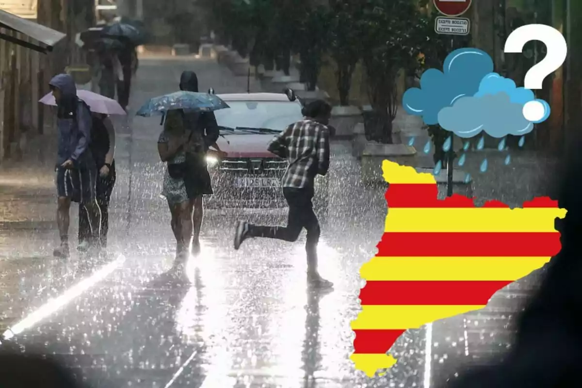 Personas caminando bajo la lluvia con paraguas en una calle, mientras una persona corre; en la esquina inferior derecha hay una ilustración de una nube con lluvia y un mapa con franjas amarillas y rojas. Personas caminando bajo la lluvia con paraguas en una calle, mientras una persona corre; en la esquina inferior derecha hay una ilustración de una nube con lluvia y un mapa con franjas amarillas y rojas.