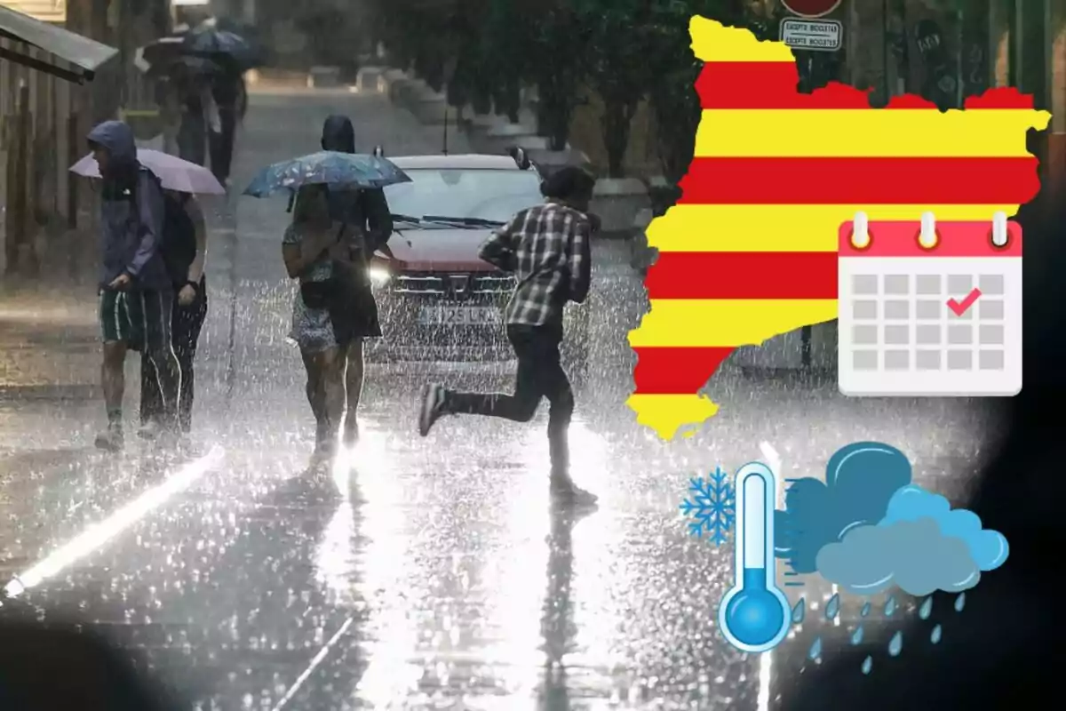 Persones caminant sota la pluja amb paraigües en un carrer, amb un mapa de Catalunya, un calendari i símbols de clima fred i plujós superposats. Persones caminant sota la pluja amb paraigües en un carrer, amb un mapa de Catalunya, un calendari i símbols de clima fred i plujós superposats.