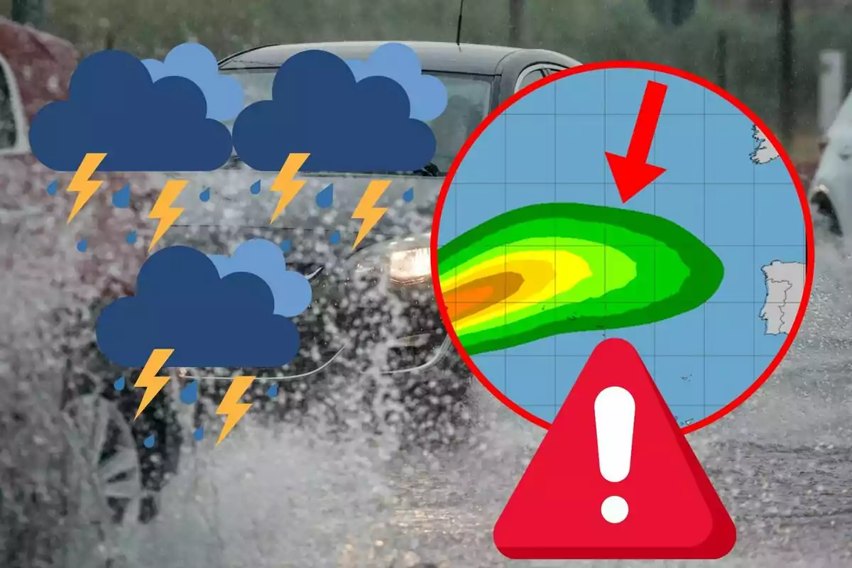 La imatge mostra un cotxe conduint sota una forta pluja amb icones de núvols, raigs i gotes d'aigua, a tocar d'un mapa meteorològic amb una fletxa vermella assenyalant una zona d'alerta.