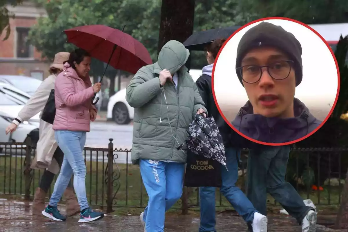 Un grupo de personas se cubre de la lluvia por la calle, y en el círculo, imagen de Jorge Rey