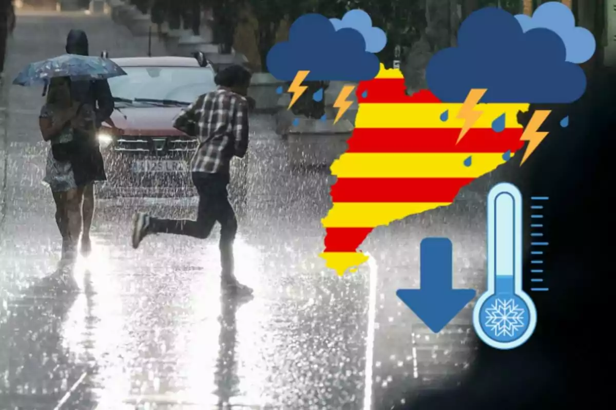 Montage with people on the street in the middle of the rain, a map of Catalonia and a thermometer Montage with people on the street in the middle of the rain, a map of Catalonia and a thermometer