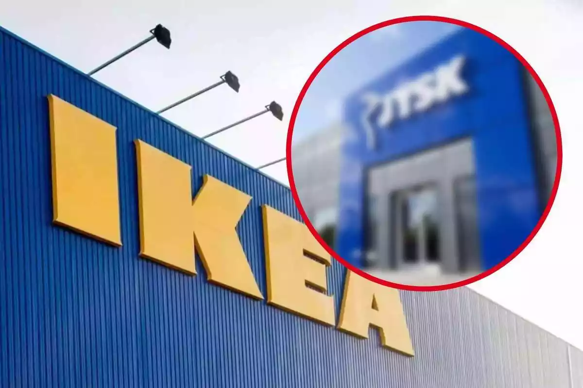 Muntatge amb el logotip d'Ikea a l'exterior d'una botiga i un cercle amb una botiga de JYSK