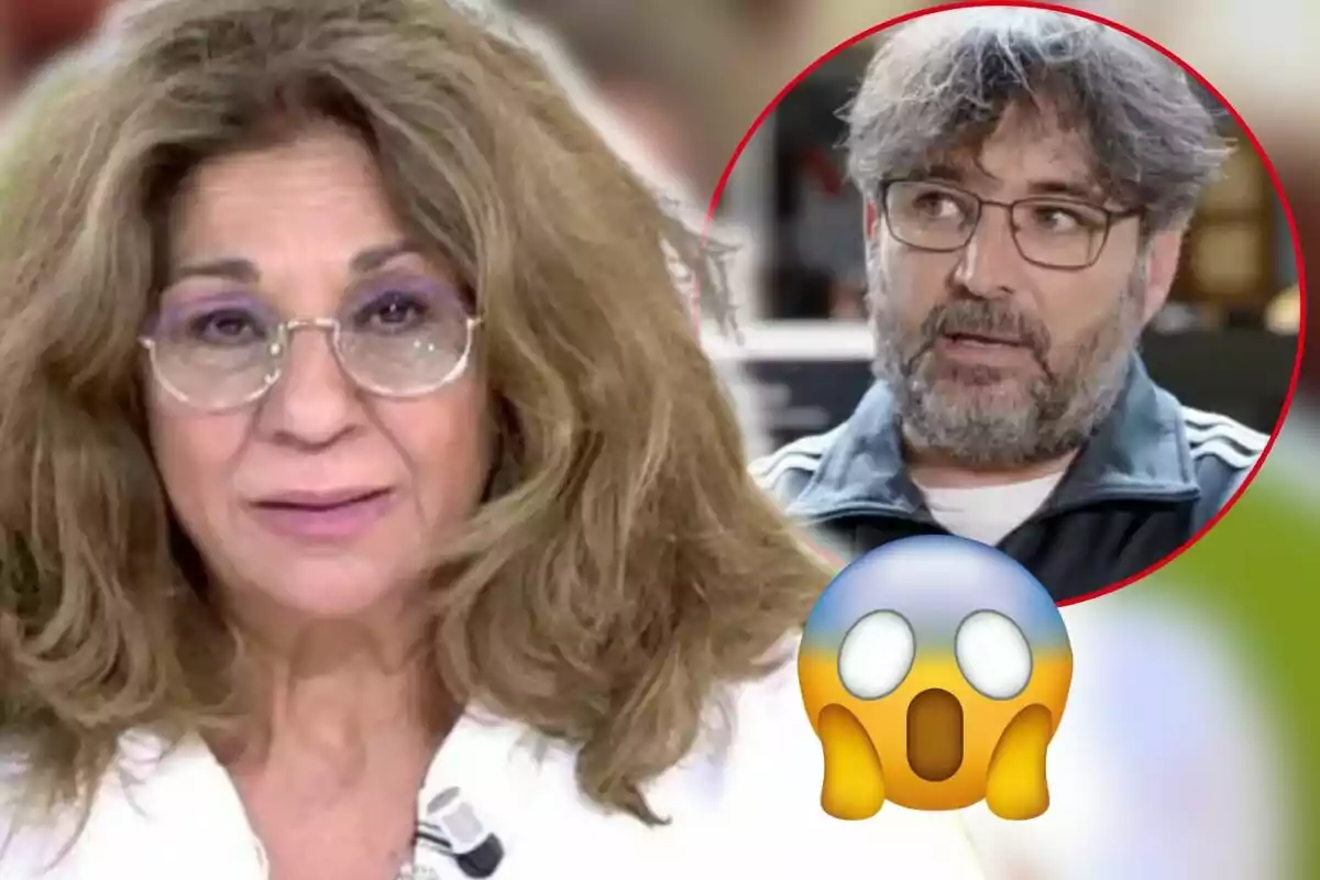 Lolita Flores amb ulleres i cabell llarg apareix en primer pla, mentre que en un cercle vermell al fons es veu Jordi Évole amb barba i ulleres, al costat d'un emoji de sorpresa.